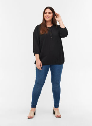 Cotton blouse with buttons and 3/4 sleeves, Black, Model image number 2