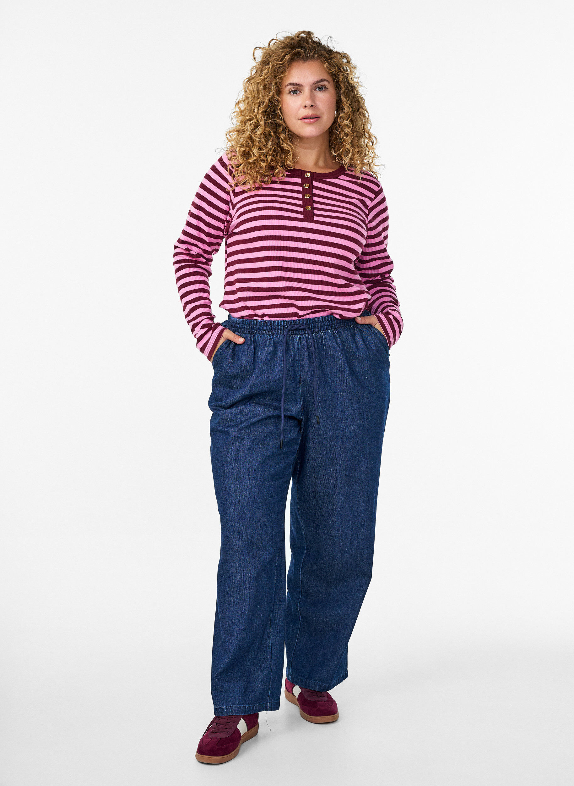 Zizzifashion Striped jersey blouse with a ribbed texture, Pink, Model image number 1