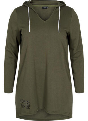 Long sweatshirt with v-neck and hood, Ivy Green, Packshot image number 0