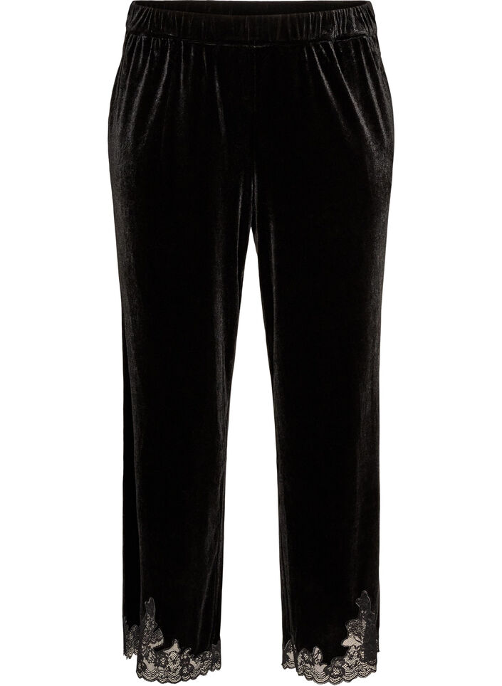 Velvet trousers with lace trim and wide legs, Black, Packshot image number 0