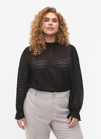 Long-sleeved blouse with patterned texture, Black, Model