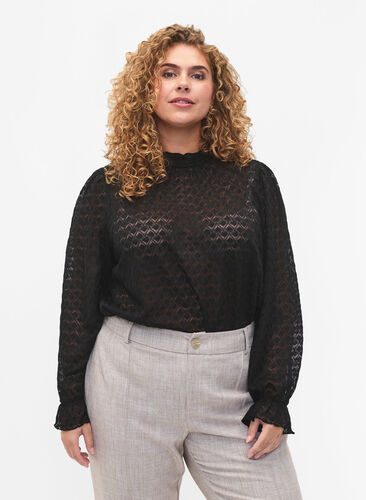 Long-sleeved blouse with patterned texture, Black, Model image number 0