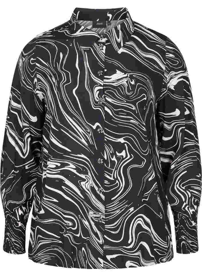 Long-sleeved viscose shirt with print, Black Swirl AOP, Packshot image number 0