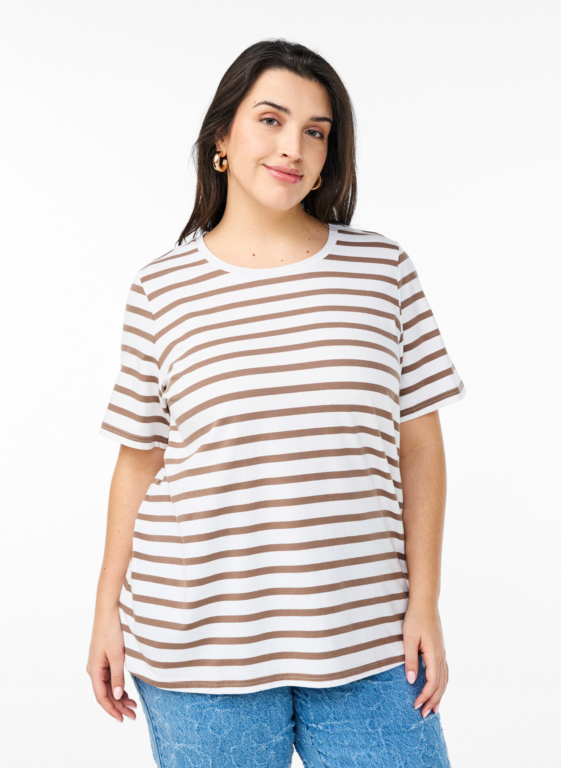 Striped T-shirt in organic cotton, Brown, Model