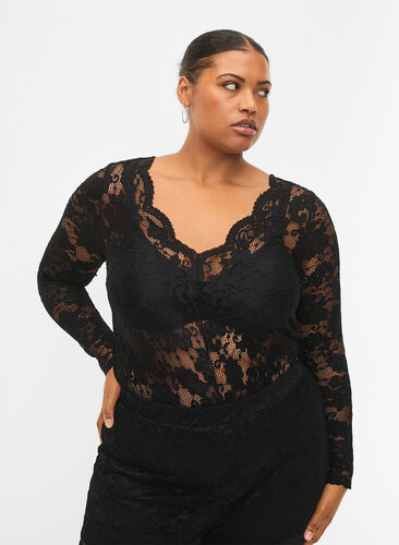 Long sleeve lace blouse with V-neck, Black, Model image number 0
