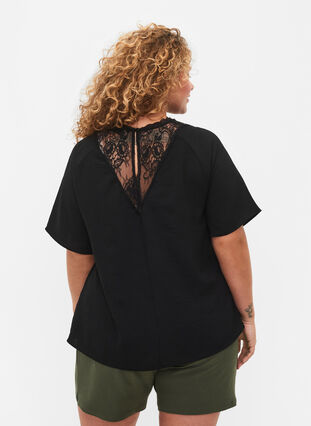 Short-sleeved blouse with lace , Black, Model image number 1