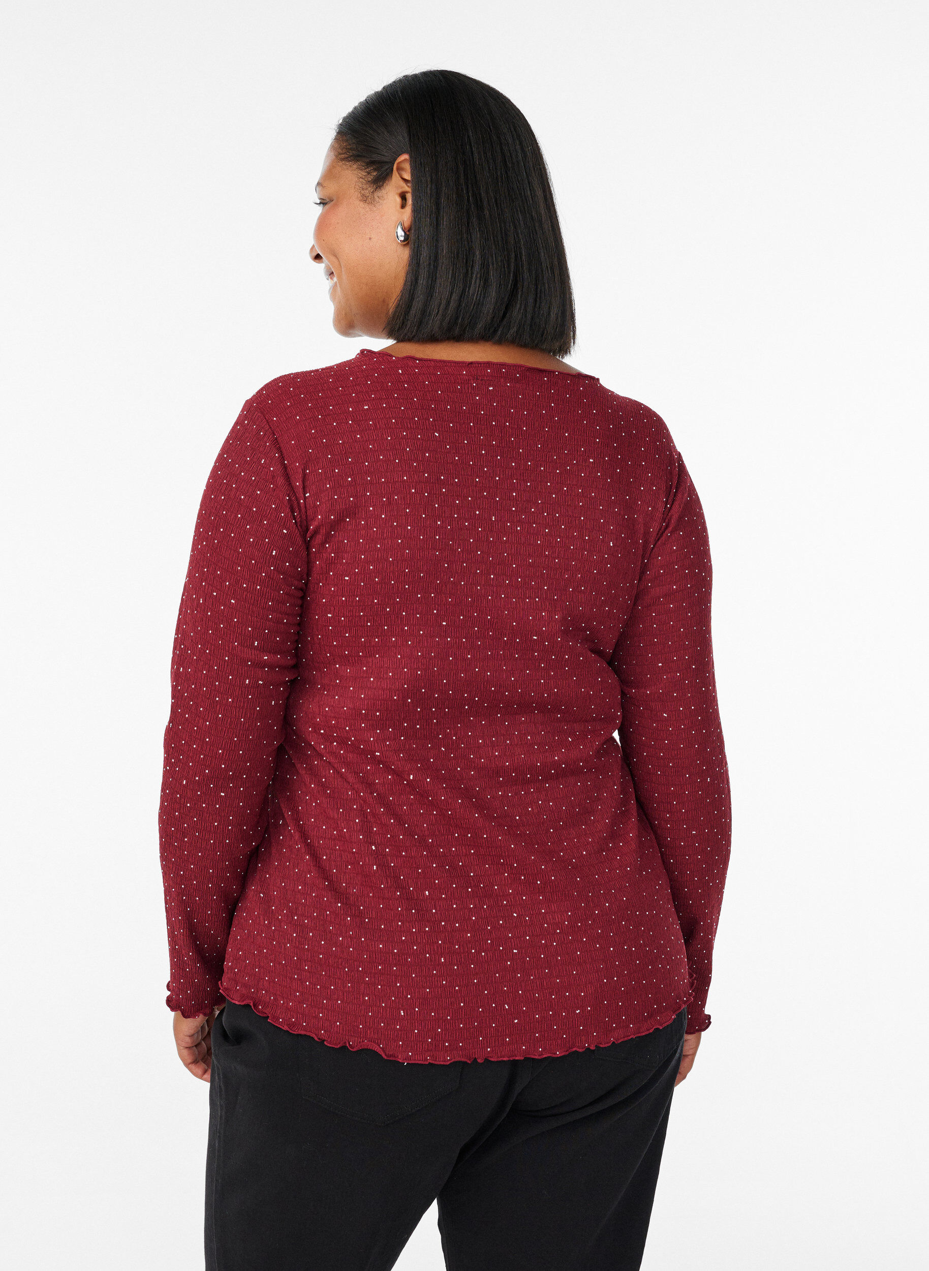 Zizzifashion Long-sleeved blouse with rhinestones, Dark Bordeaux, Model image number 2