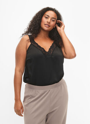 FLASH - Top with v-neck and lace edge, Black, Model image number 0