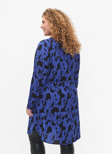 Printed dress with drawstring at the waist, Black Blue AOP, Model image number 1