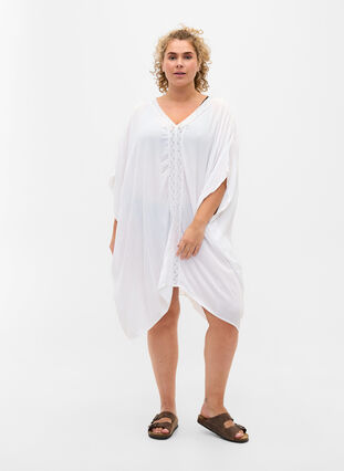 Viscose beach dress with lace details, Bright White, Model image number 2