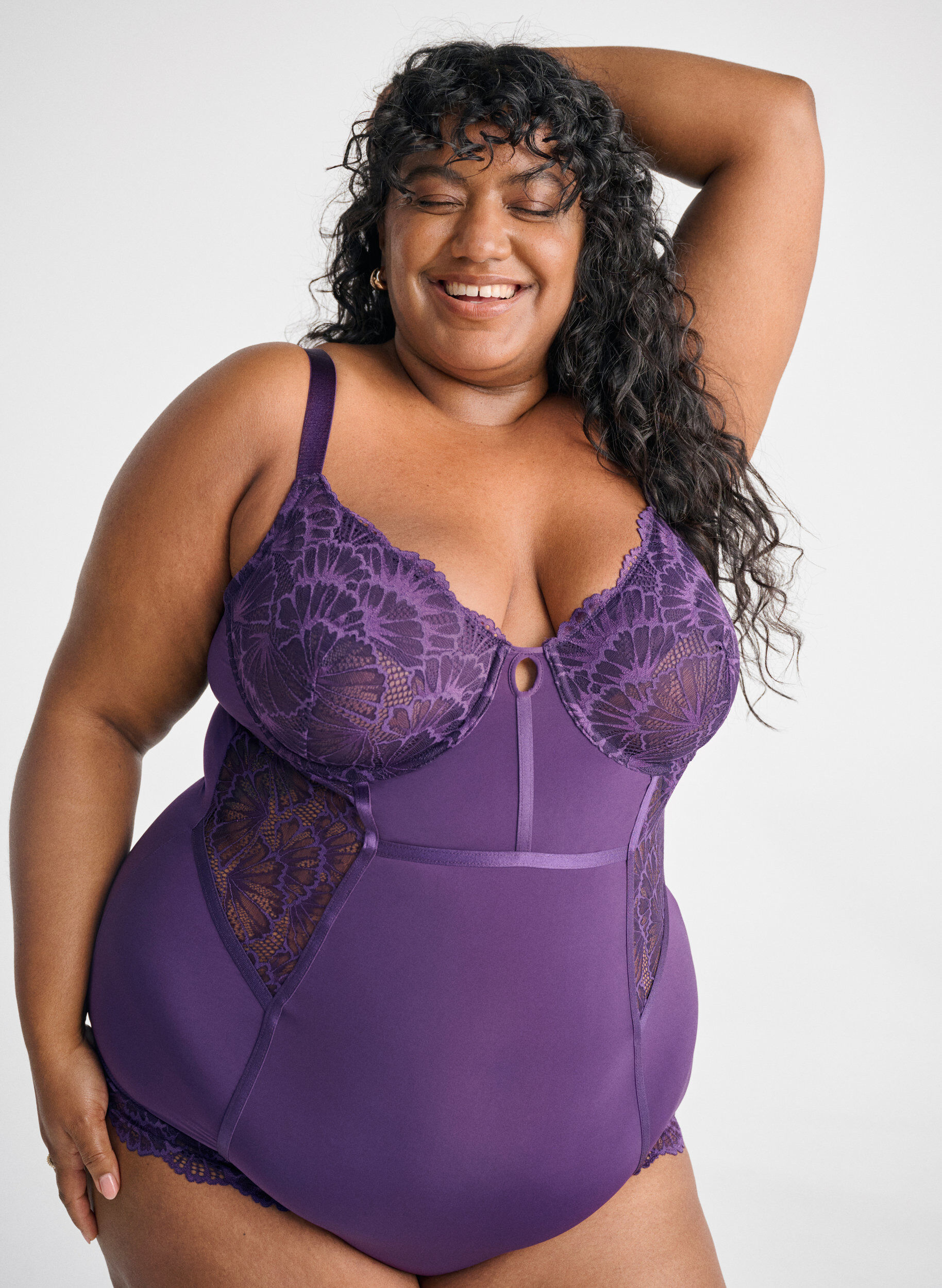 Zizzifashion Lace and microfibre bodystocking with underwire, Purple, Image image number 0