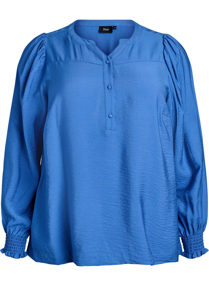 Viscose blouse with smock and gathered details, Blue, Packshot image number 0