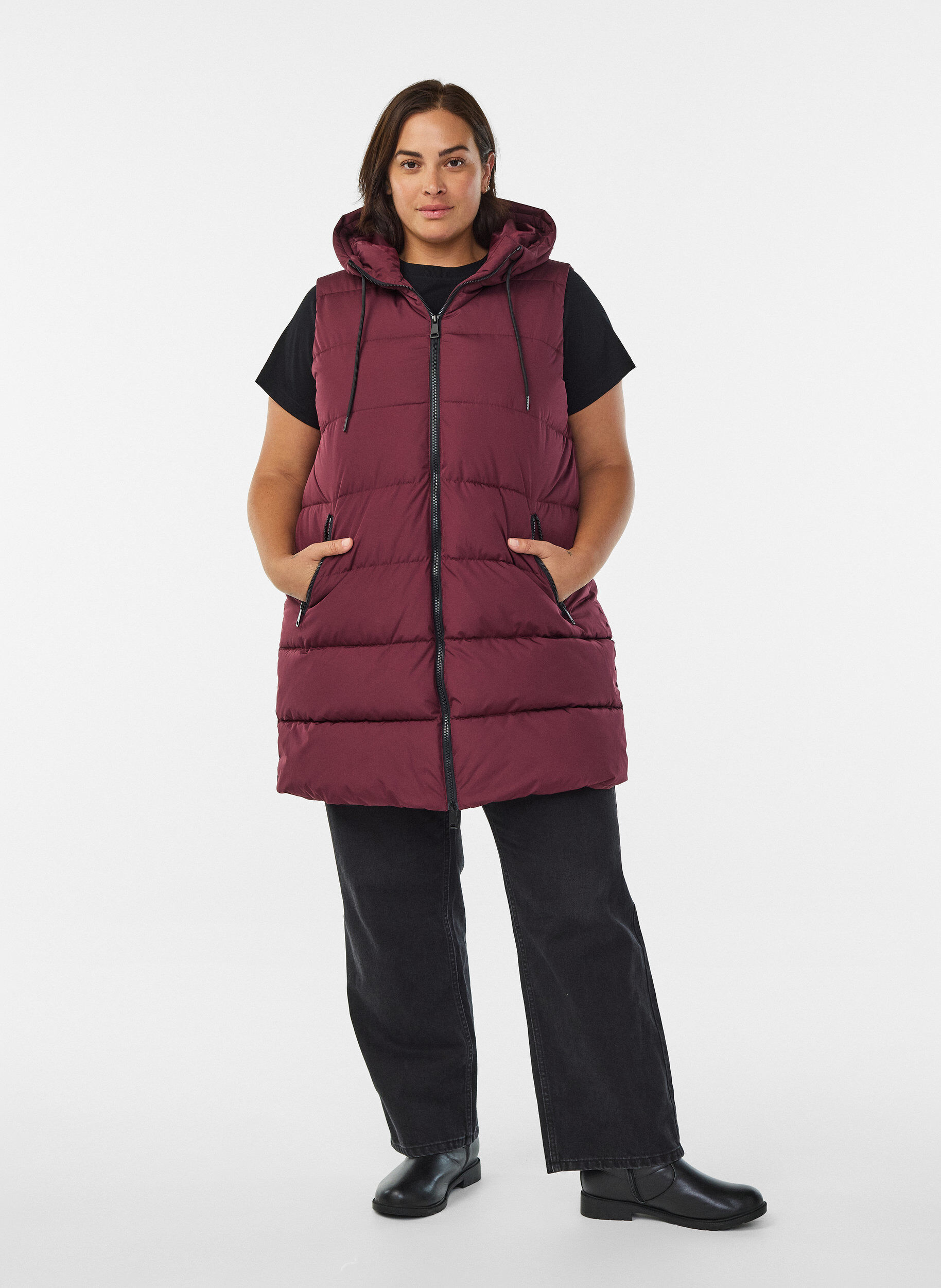 ZizzifashionLong vest with hood and pockets, Red, Model image number 1