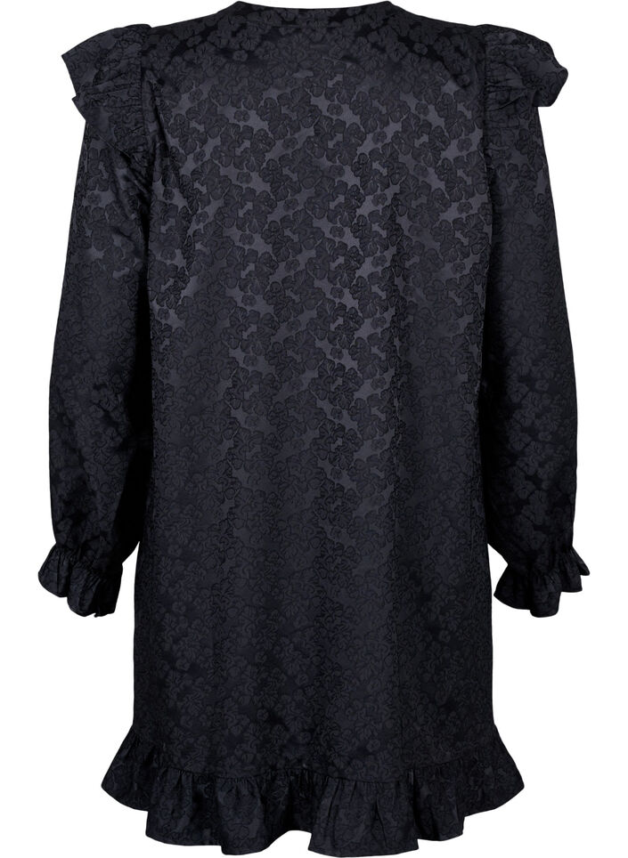 Jacquard dress with long sleeves and ruffle detail, Black, Packshot image number 1