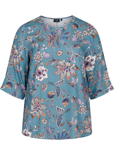 Printed viscose blouse with short sleeves, Smoke Blue Paisley, Packshot image number 0