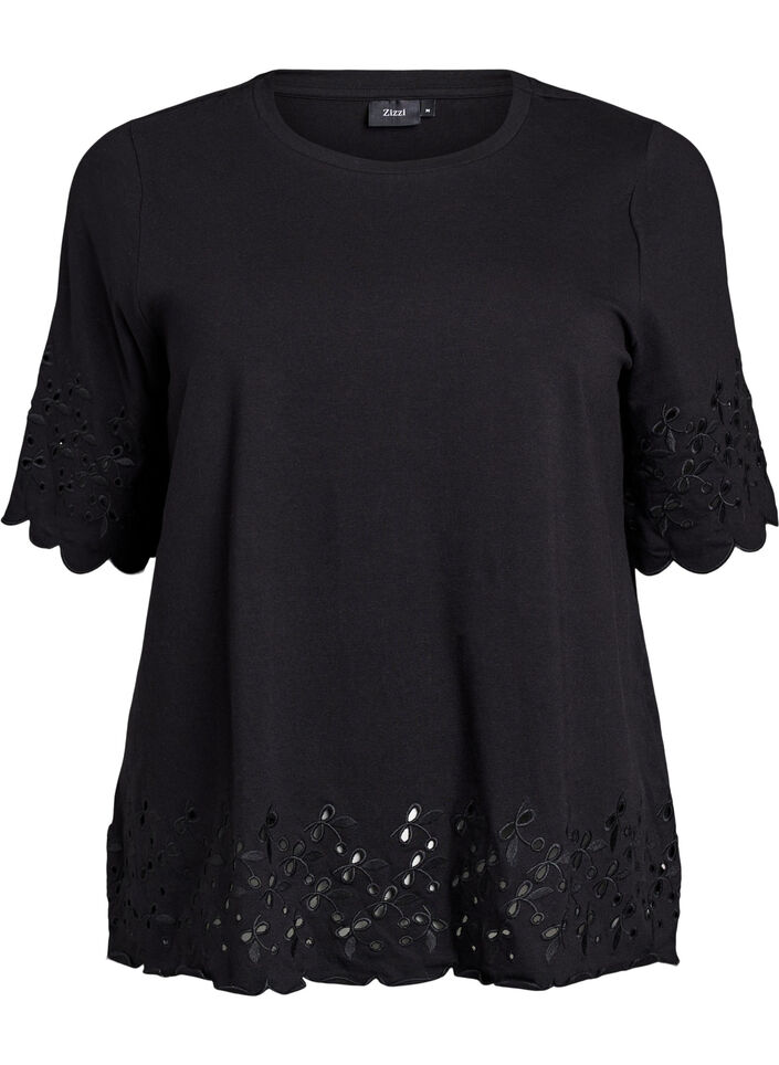 T-shirt with broderie anglaise and scalloped edges, Black, Packshot image number 0