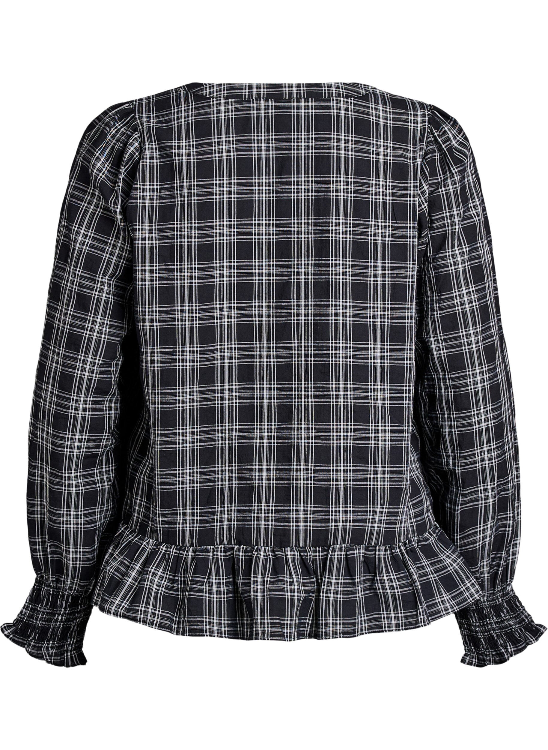 Zizzifashion Blouse with checks and ruffle details, Black, Packshot image number 1
