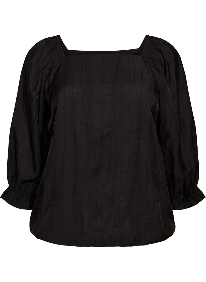 Viscose blouse with a square neck and 3/4-sleeves, Black, Packshot image number 0