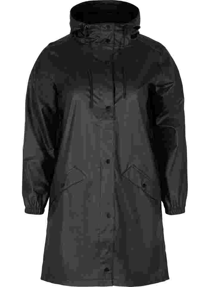 Rain jacket with hood and button fastening, Black, Packshot image number 0