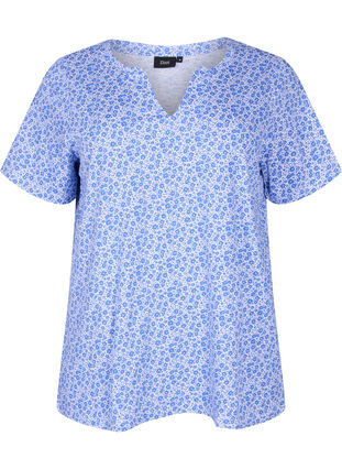 Floral cotton t-shirt with v-neck, Ultramarine AOP, Packshot image number 0