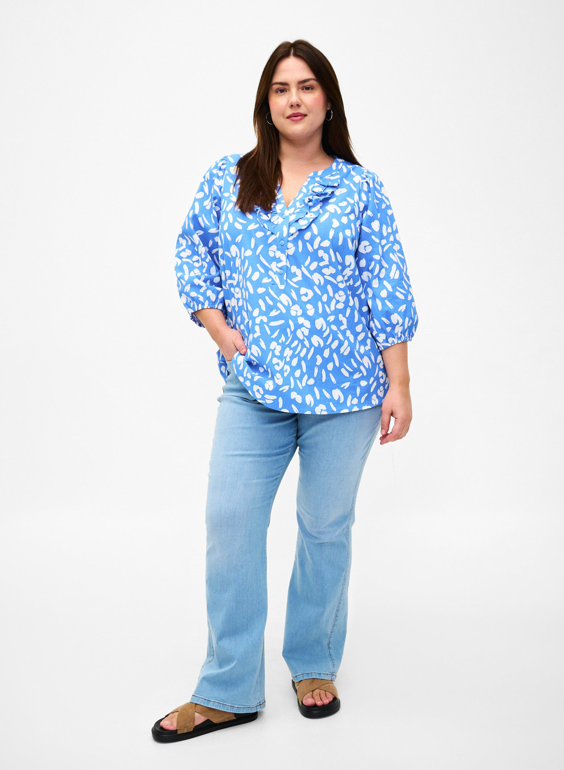 Zizzifashion 3/4 sleeve cotton Blouse with print, Marina White AOP, Model image number 2