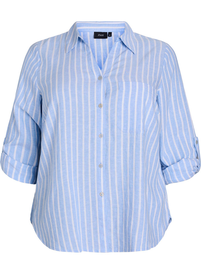 Shirt in linen and viscose with 3/4 sleeves, Light Blue, Packshot image number 0