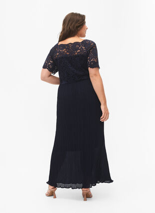 Short-sleeved maxi dress with pleats and lace, Night Sky, Model image number 1