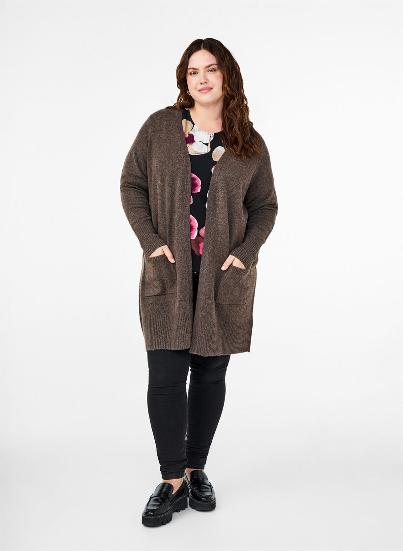 Ribbed Knit Cardigan with Pockets, Brown, Model image number 1