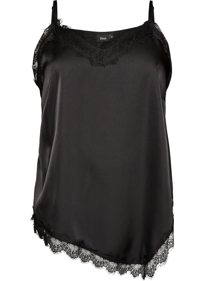 Satin top with lace trim and asymmetric hem, Black, Packshot image number 0