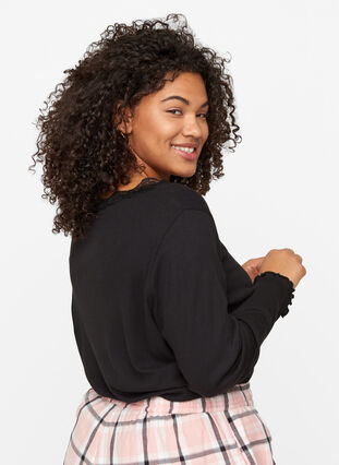 Close-fitting blouse with a lace trim, Black, Model image number 1