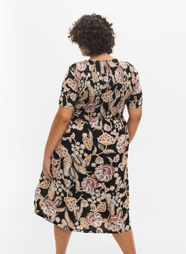 Printed viscose dress with smock, Paisley Flower, Model image number 1