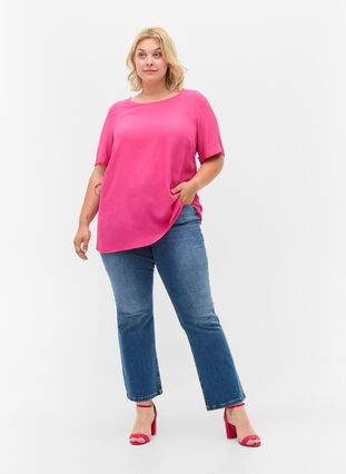 Short-sleeved viscose blouse, Fuchsia Purple, Model image number 2