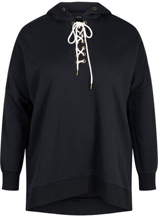 Sweatshirt with hood and contrasting string details, Black, Packshot image number 0