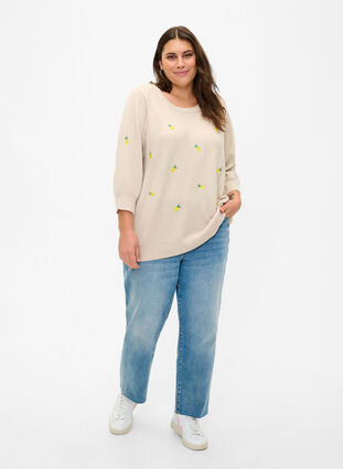 3/4 sleeve knitted blouse with lemons, P. Stone Mel. Lemon, Model image number 2