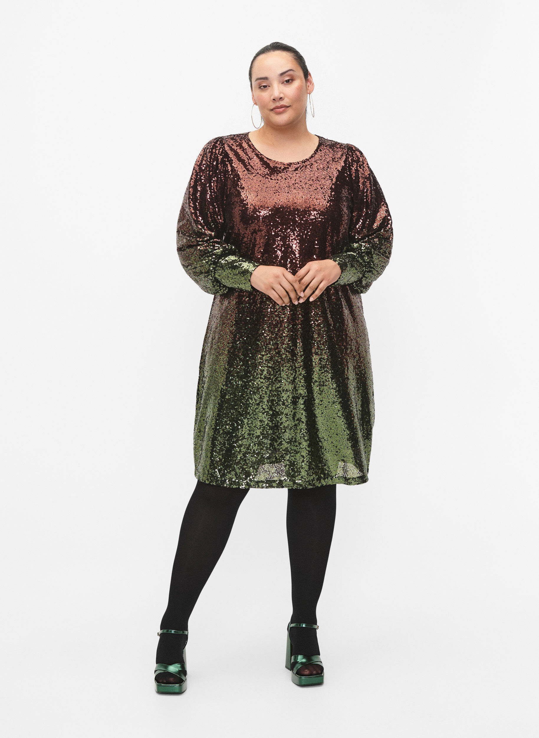 Zizzifashion Sequin dress with balloon sleeves, Scarab Ch. Coffee, Model image number 2