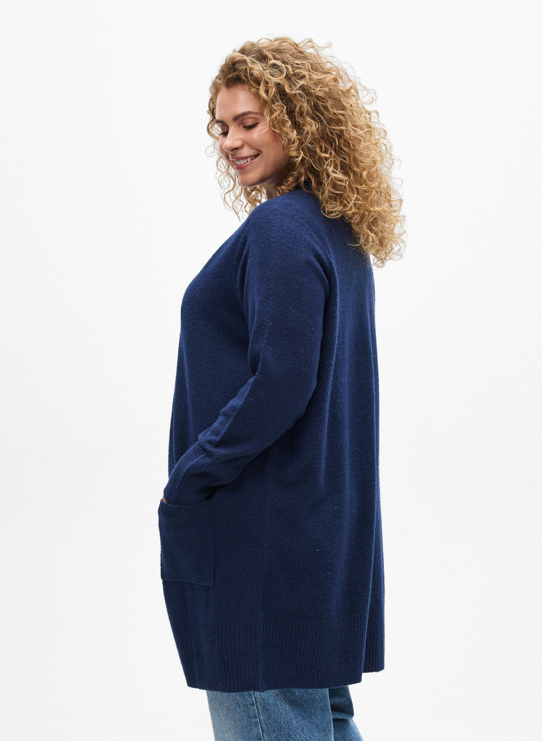 ZizzifashionRibbed Knit Cardigan with Pockets, Blue, Model image number 2