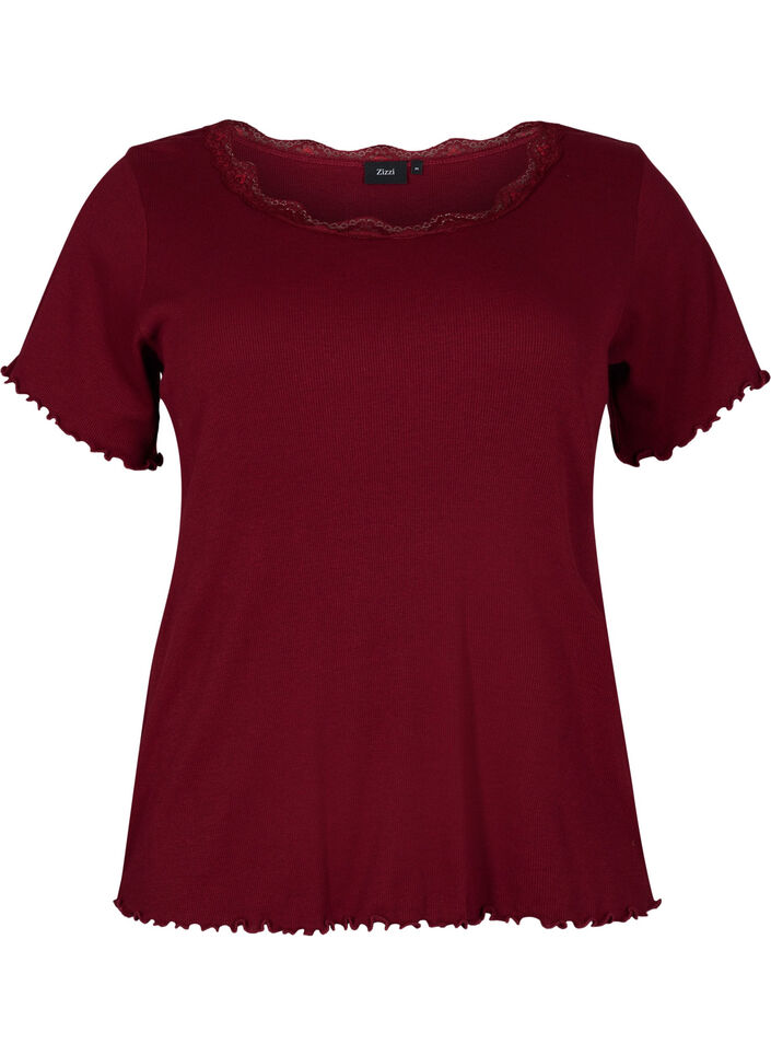 Short-sleeved pyjama top with lace trim, Cabernet, Packshot image number 0
