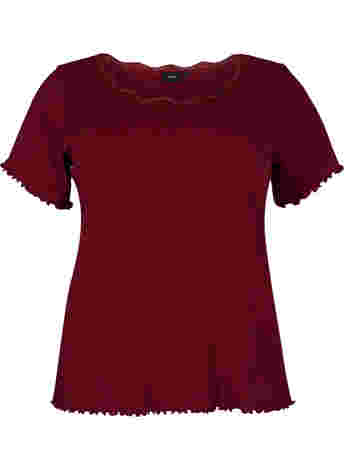 Short-sleeved pyjama top with lace trim