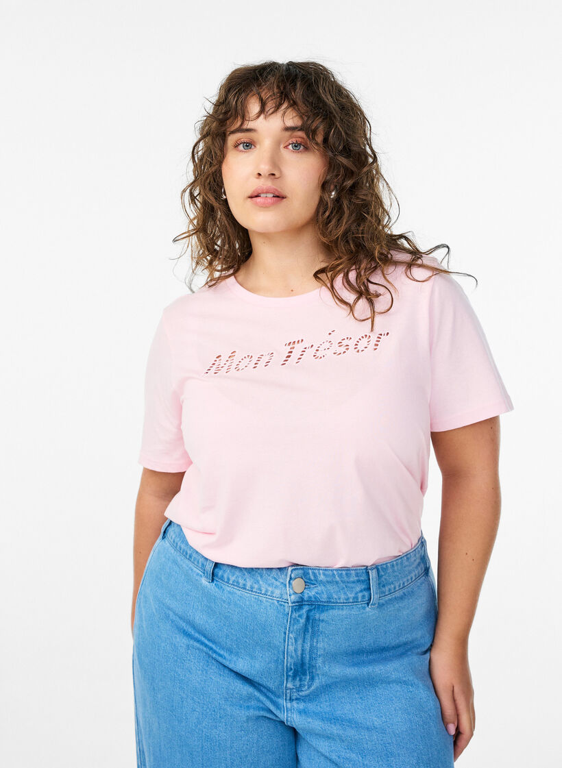 Cotton t-shirt with a decorative front detail, Pink, Model image number 0