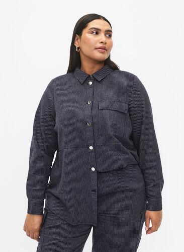 Pinstriped cotton shirt, Dark Blue Stripe, Model image number 0