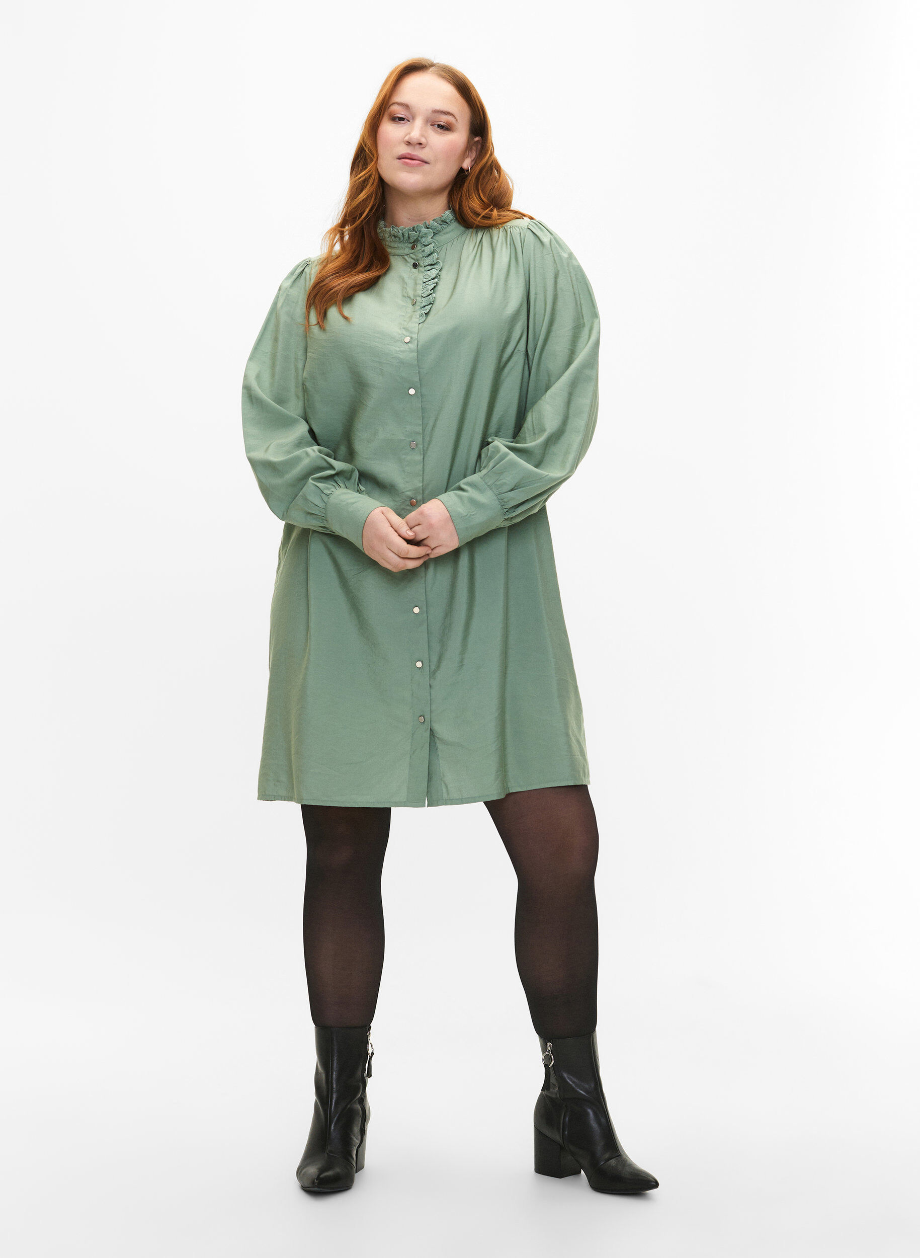 Zizzifashion Viscose shirt dress with ruffles, Green, Model image number 1
