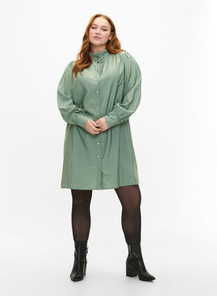 Viscose shirt dress with ruffles, Green Bay, Model image number 2