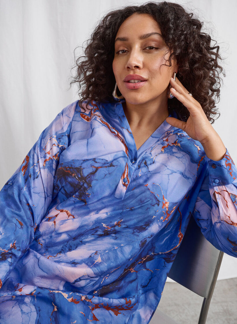 Viscose shirt dress with marble print, Palace Blue AOP, Image image number 0