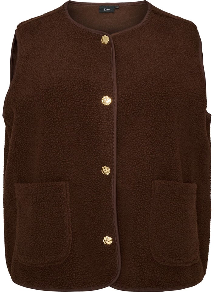 Teddy gilet with buttons and pockets, Brown, Packshot image number 0