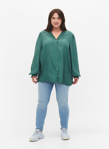 Long-sleeved shirt blouse in viscose, Sea Pine, Model image number 2