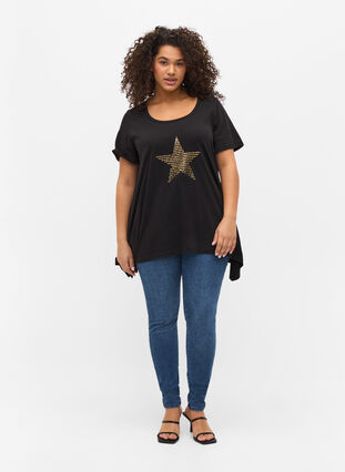 Short-sleeved cotton t-shirt with a-line, Black w. Gold Star, Model image number 2