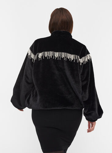 Short jacket in faux fur with beads, Black, Model image number 1