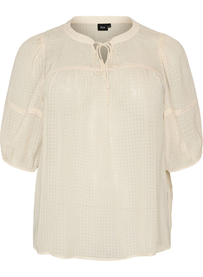 Blouse in seersucker with tie-string, Beige, Packshot image number 0