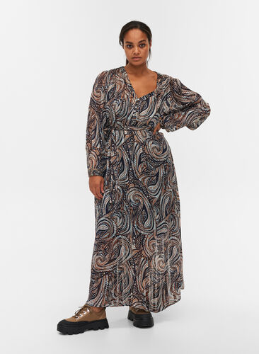 Maxi dress with paisley print and drawstring, Black Paisley, Model image number 0