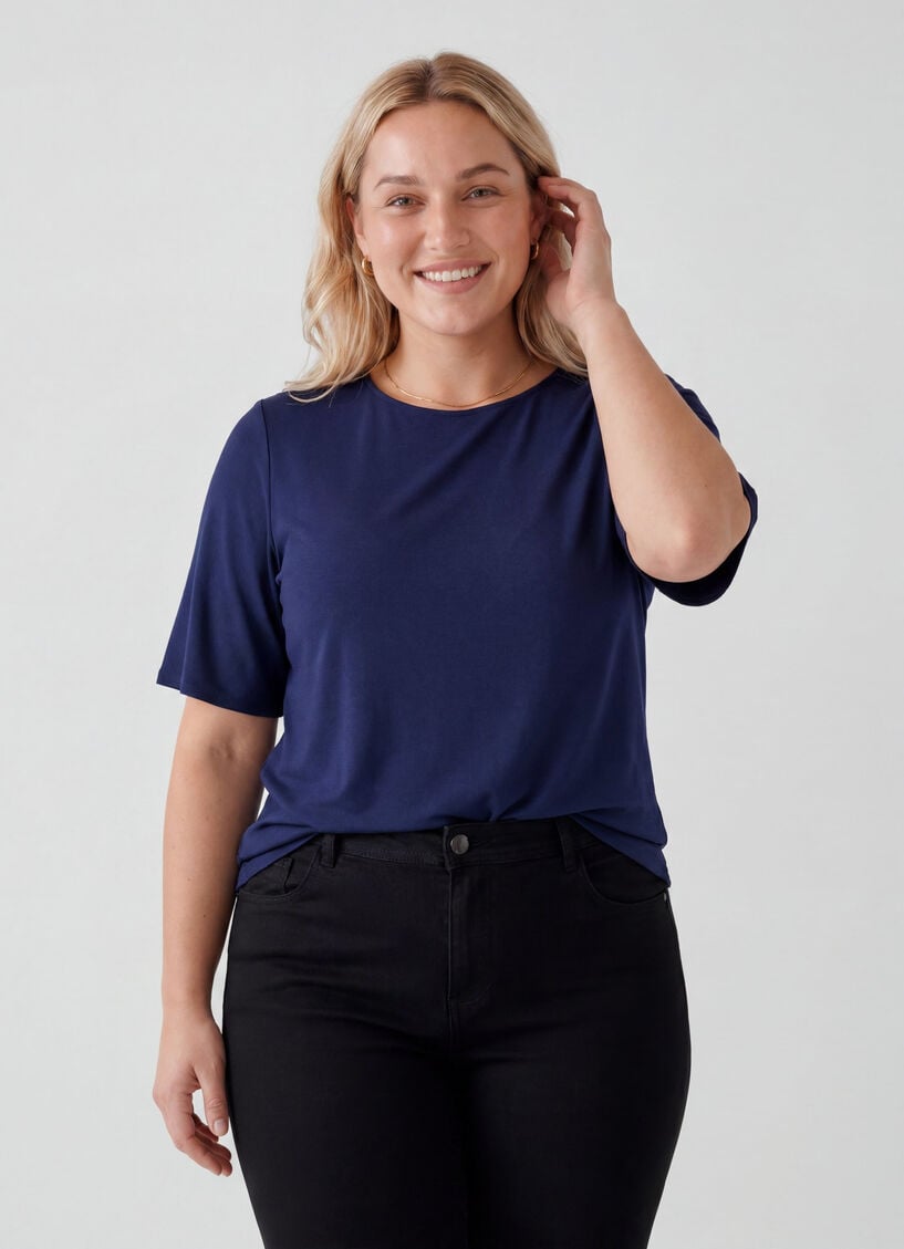 Short-sleeved woven blouse with round neck, Blue, Model image number 0